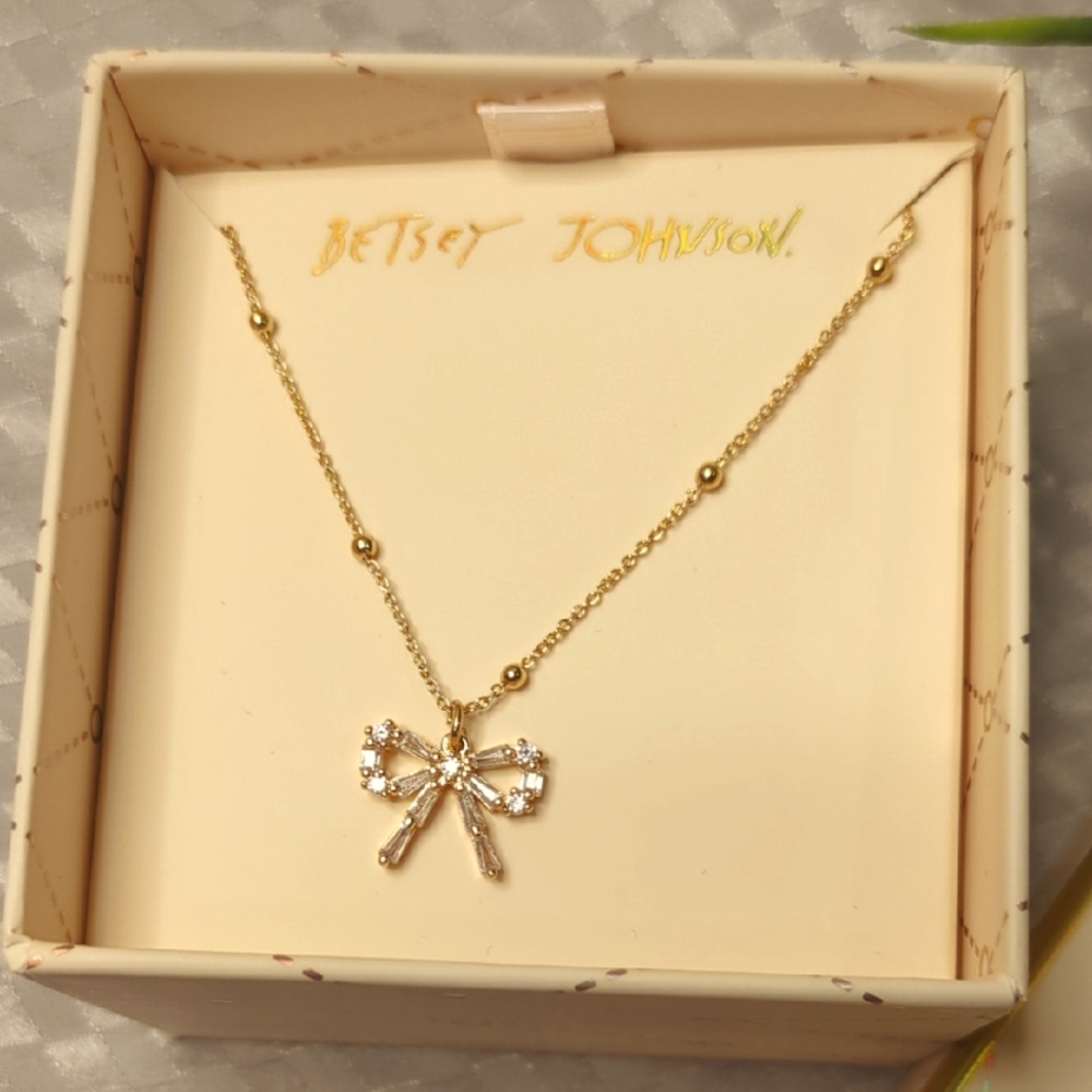 Betsey Johnson Gold Bow Pendant Necklace with Clear Crystals